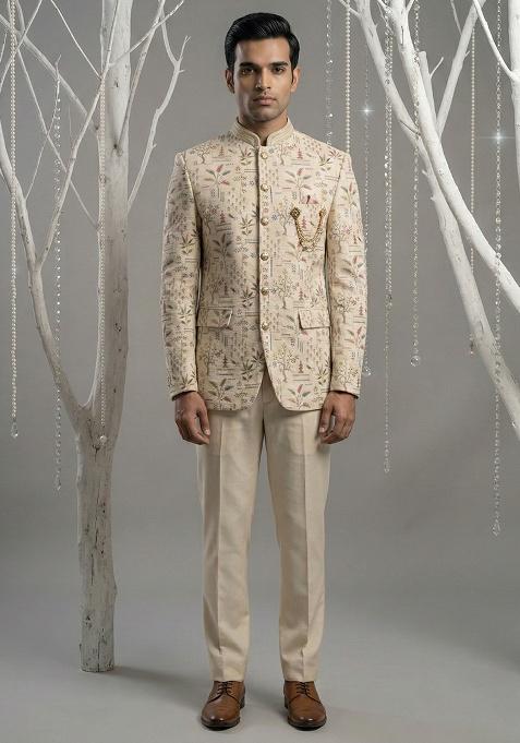 Pink Embroidery Silk Bandhgala Suit