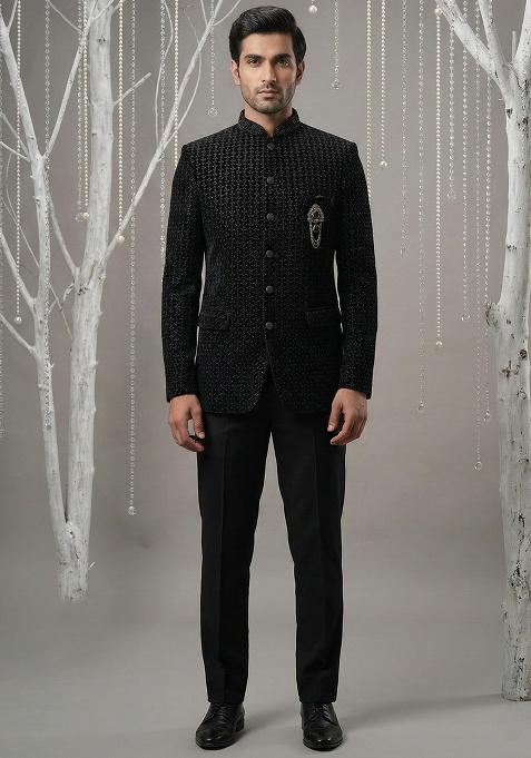 Black Embroidery Velvet Bandhgala Suit