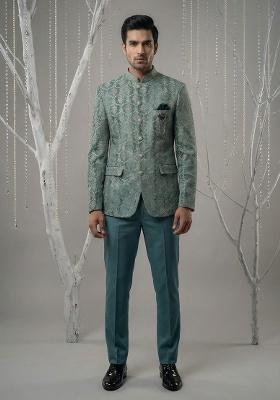 Turquoise Embroidery Velvet Bandhgala Suit
