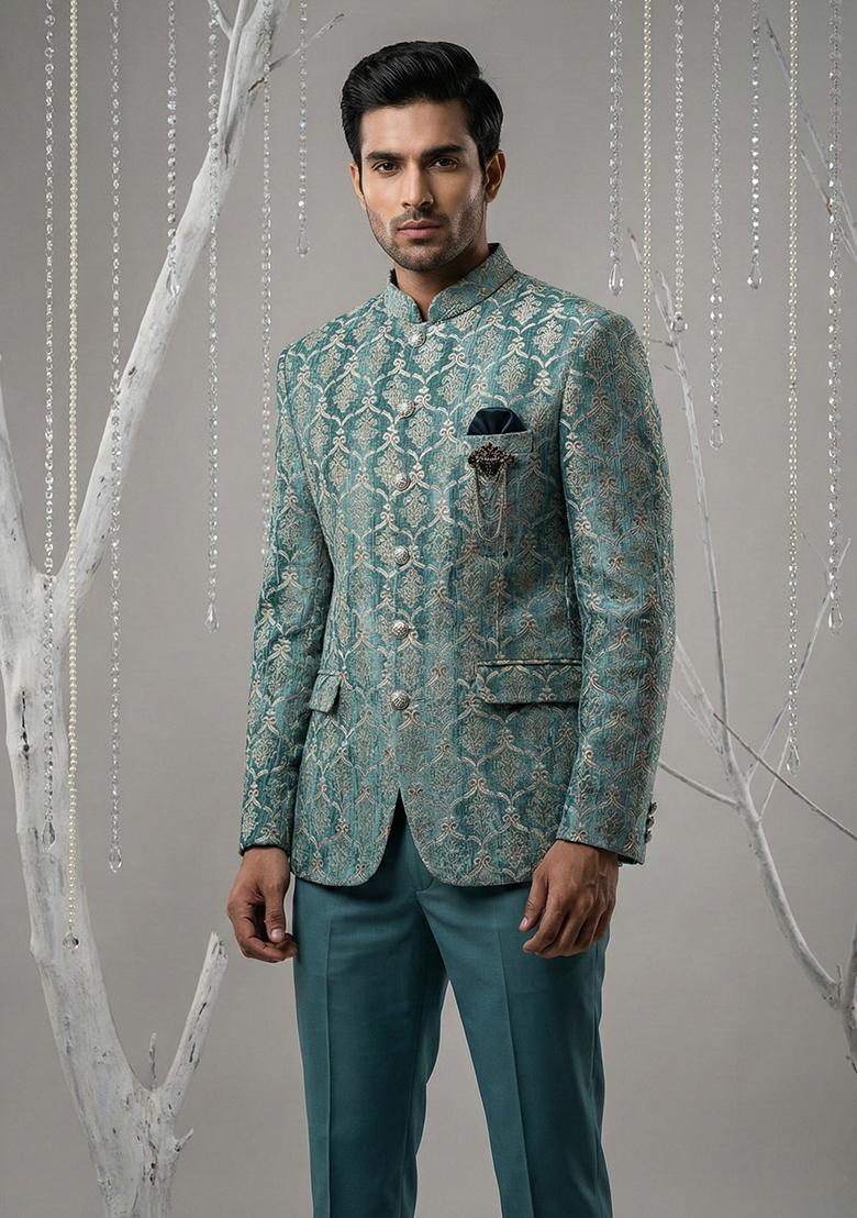Turquoise Embroidery Velvet Bandhgala Suit - Indya
