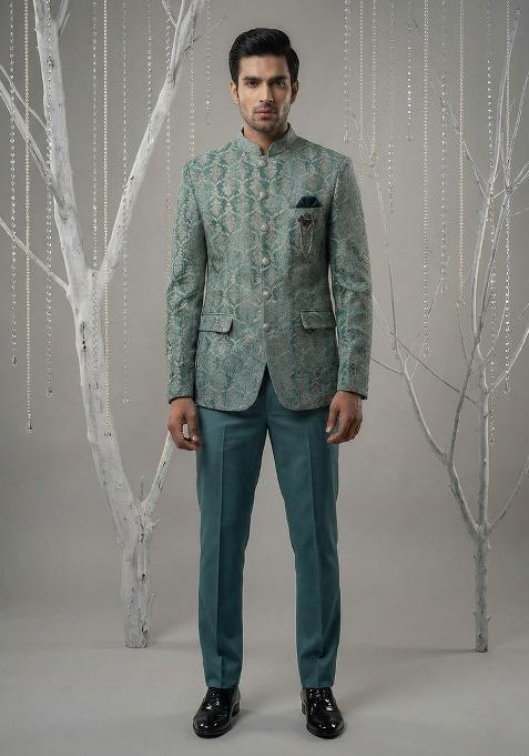 Turquoise Embroidery Velvet Bandhgala Suit