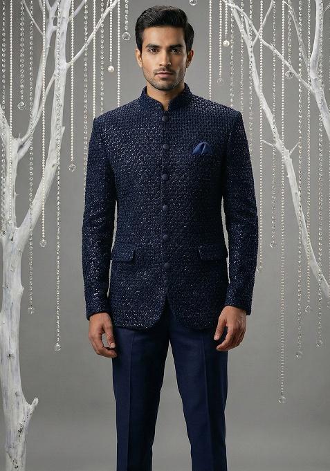 Blue Embroidery Velvet Bandhgala Suit