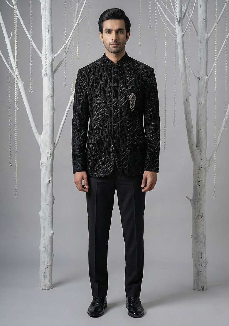 Black Embroidery Velvet Bandhgala Suit - Indya