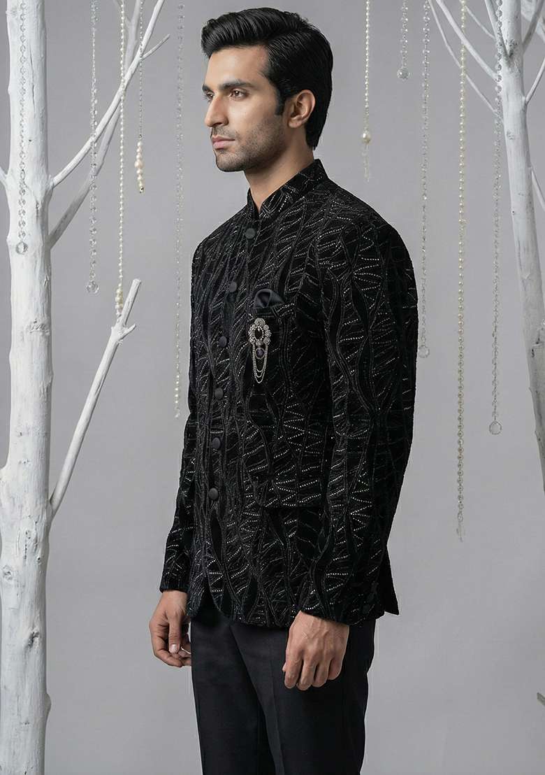 Black Embroidery Velvet Bandhgala Suit - Indya