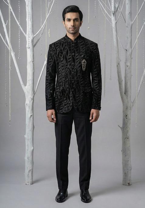 Black Embroidery Velvet Bandhgala Suit