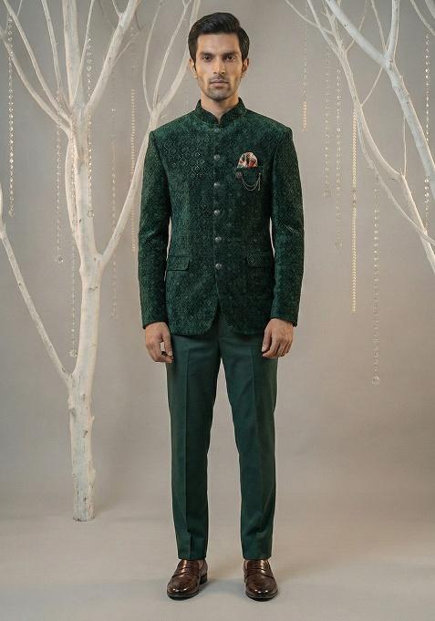 Green Embroidery Velvet Bandhgala Suit