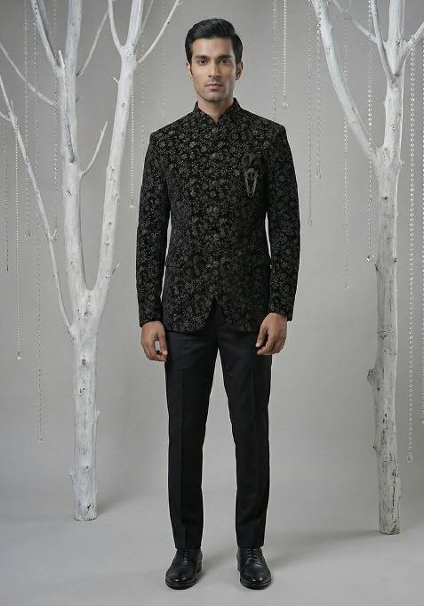 Black Embroidery Velvet Bandhgala Suit