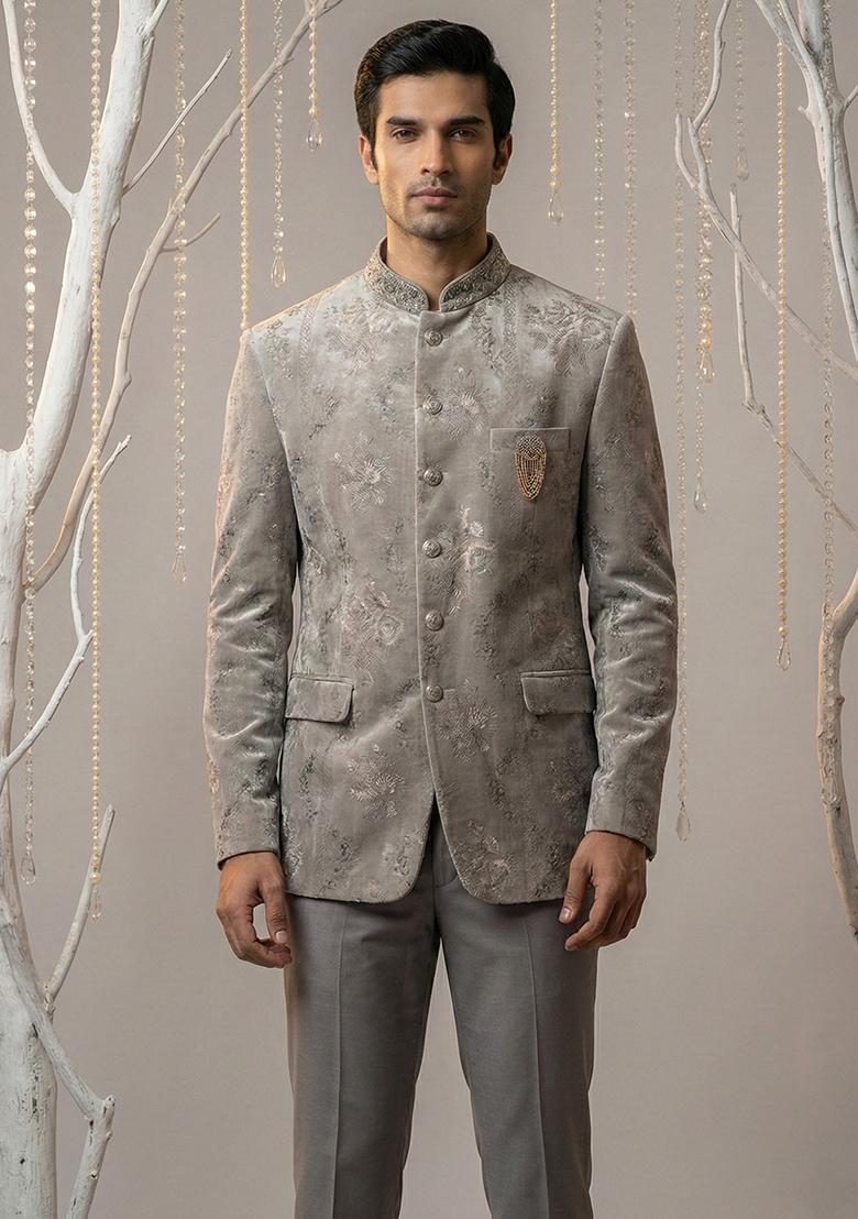 Grey Embroidery Velvet Bandhgala Suit - Indya