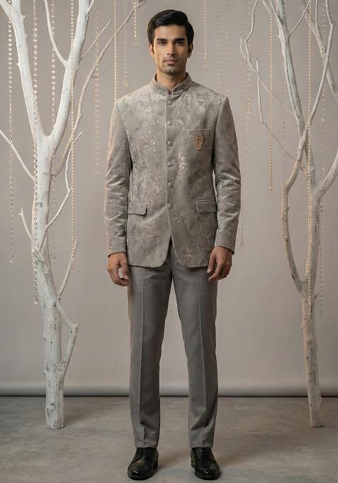 Grey Embroidery Velvet Bandhgala Suit