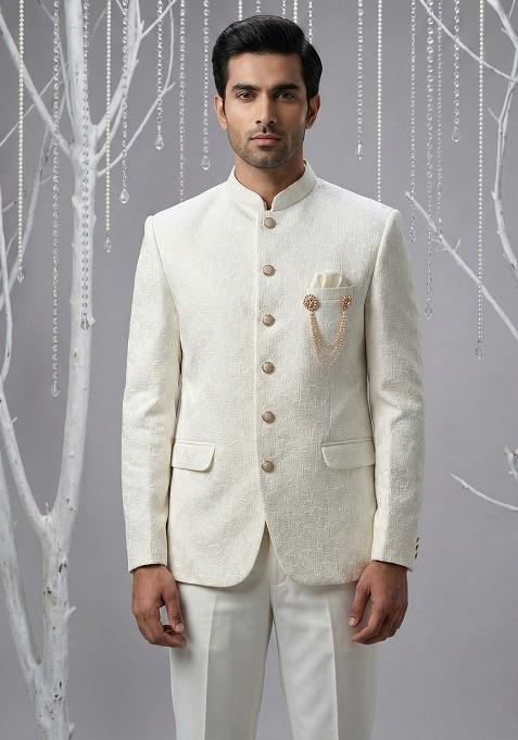 White Embroidery Silk Bandhgala Suit