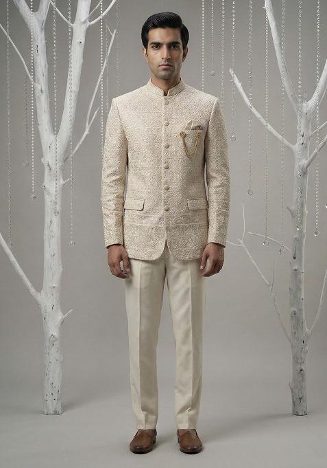 Beige Embroidery Silk Bandhgala Suit