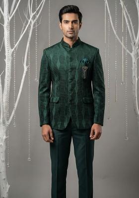 Green Embroidery Silk Bandhgala Suit