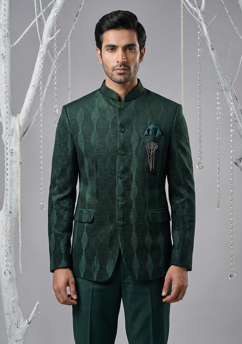 Green Embroidery Silk Bandhgala Suit - Indya