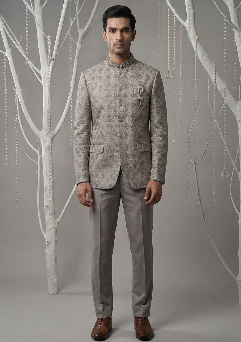 Grey Embroidery Silk Blend Bandhgala Suit - Indya