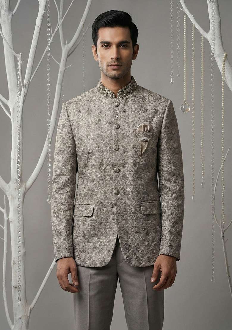 Grey Embroidery Silk Blend Bandhgala Suit - Indya