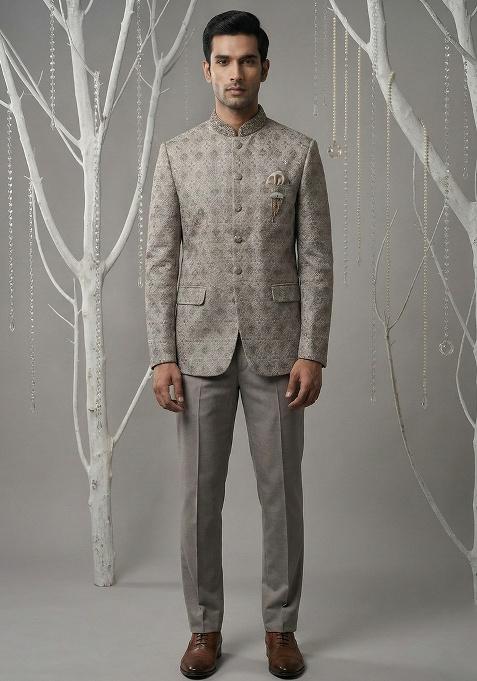 Grey Embroidery Silk Bandhgala Suit
