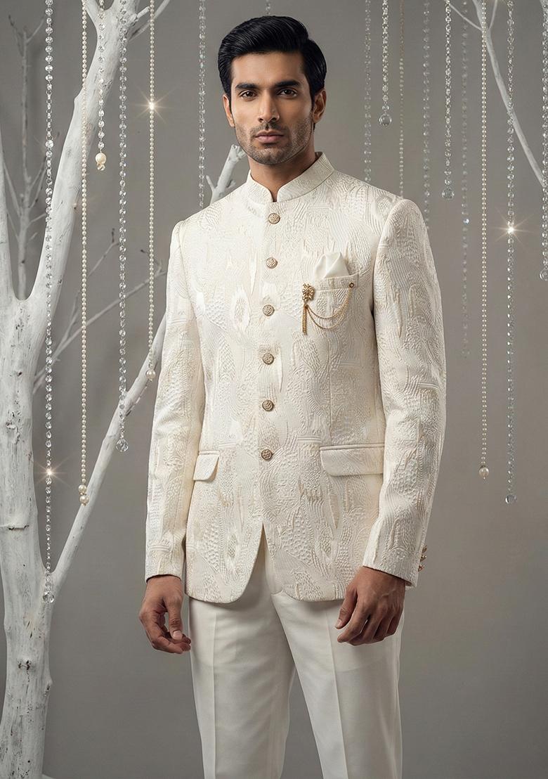 White Embroidery Silk Bandhgala Suit - Indya