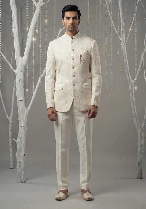 White Embroidery Silk Bandhgala Suit