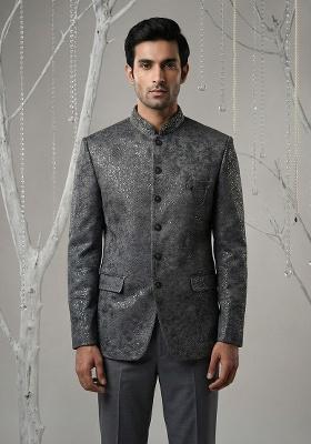 Grey Embroidery Silk Bandhgala Suit