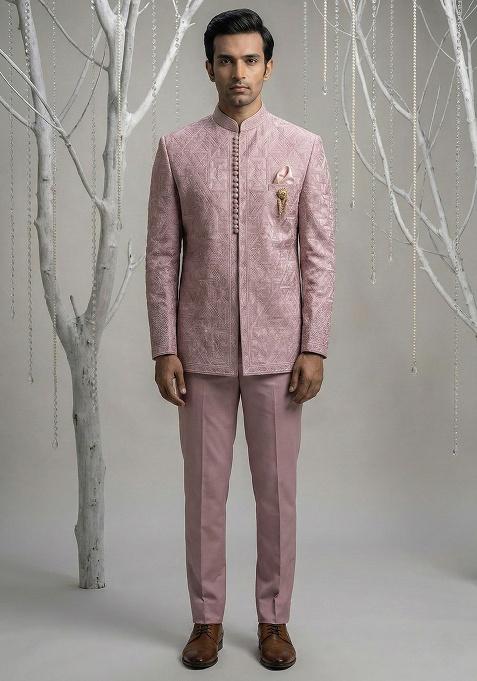 Pink Embroidery Silk Bandhgala Suit