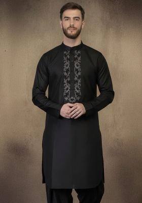 Black Embroidery Cotton Kurta For Men