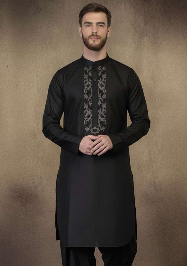 Black Embroidery Cotton Kurta For Men - Indya