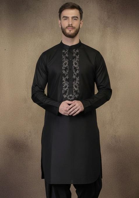 Black Embroidery Cotton Kurta For Men