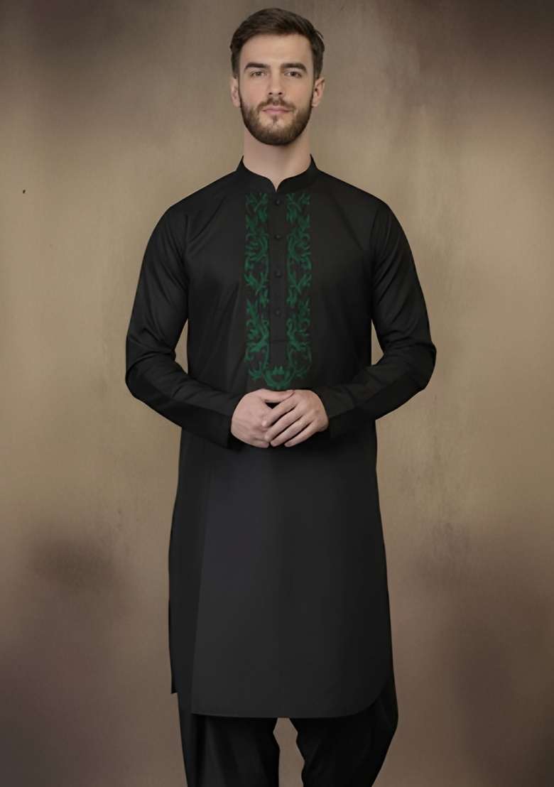 Black Embroidery Cotton Kurta For Men - Indya