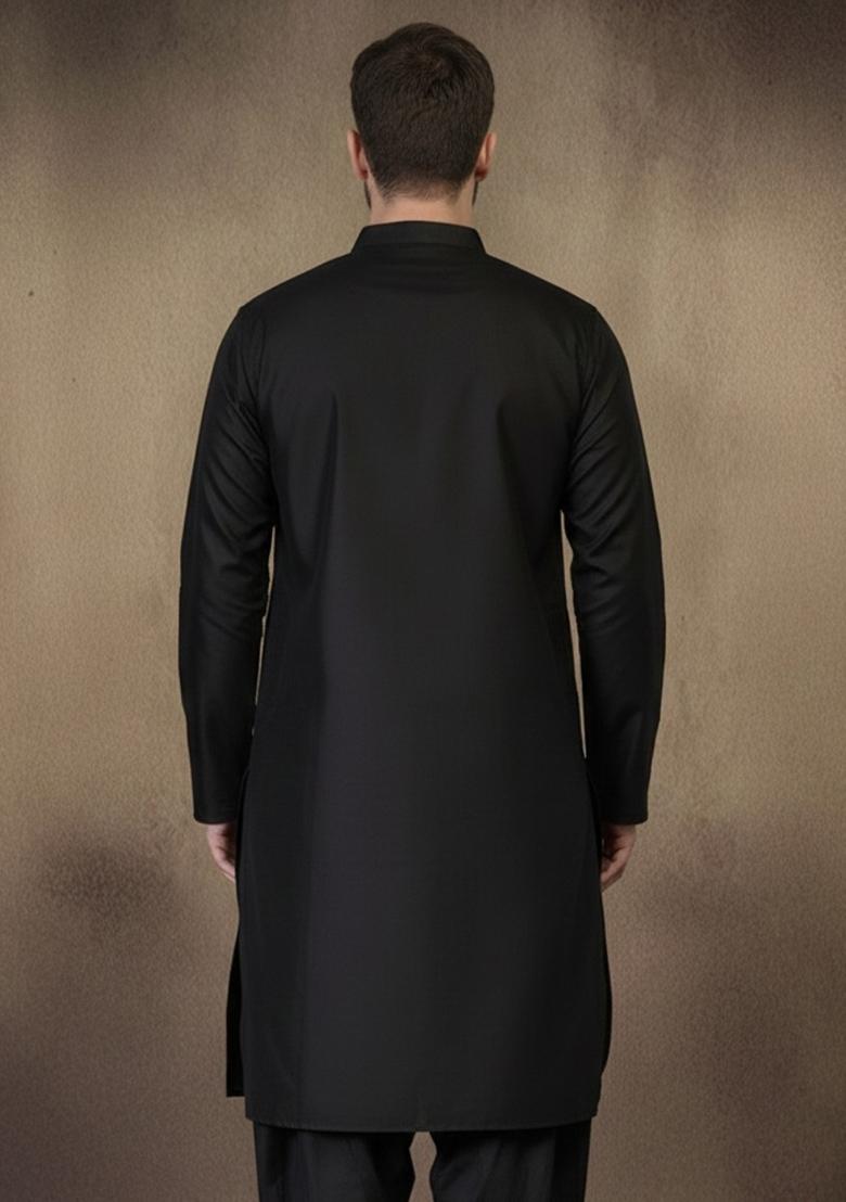 Black Embroidery Cotton Kurta For Men - Indya