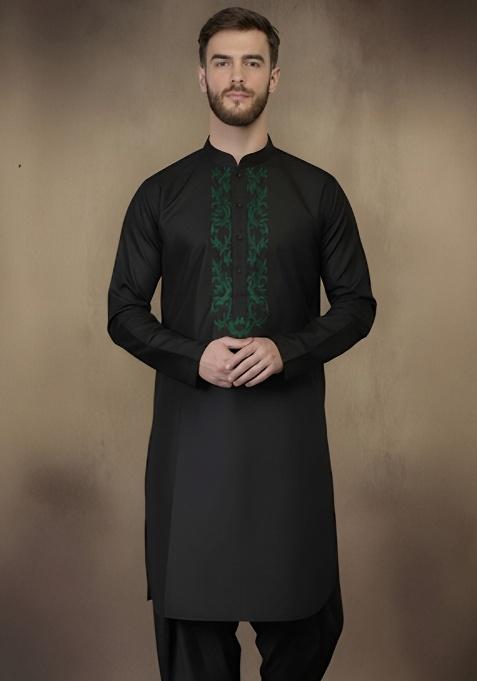 Black Embroidery Cotton Kurta For Men