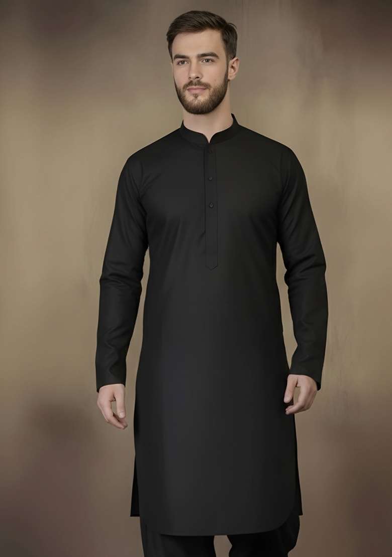 Black Embroidery Cotton Kurta For Men - Indya