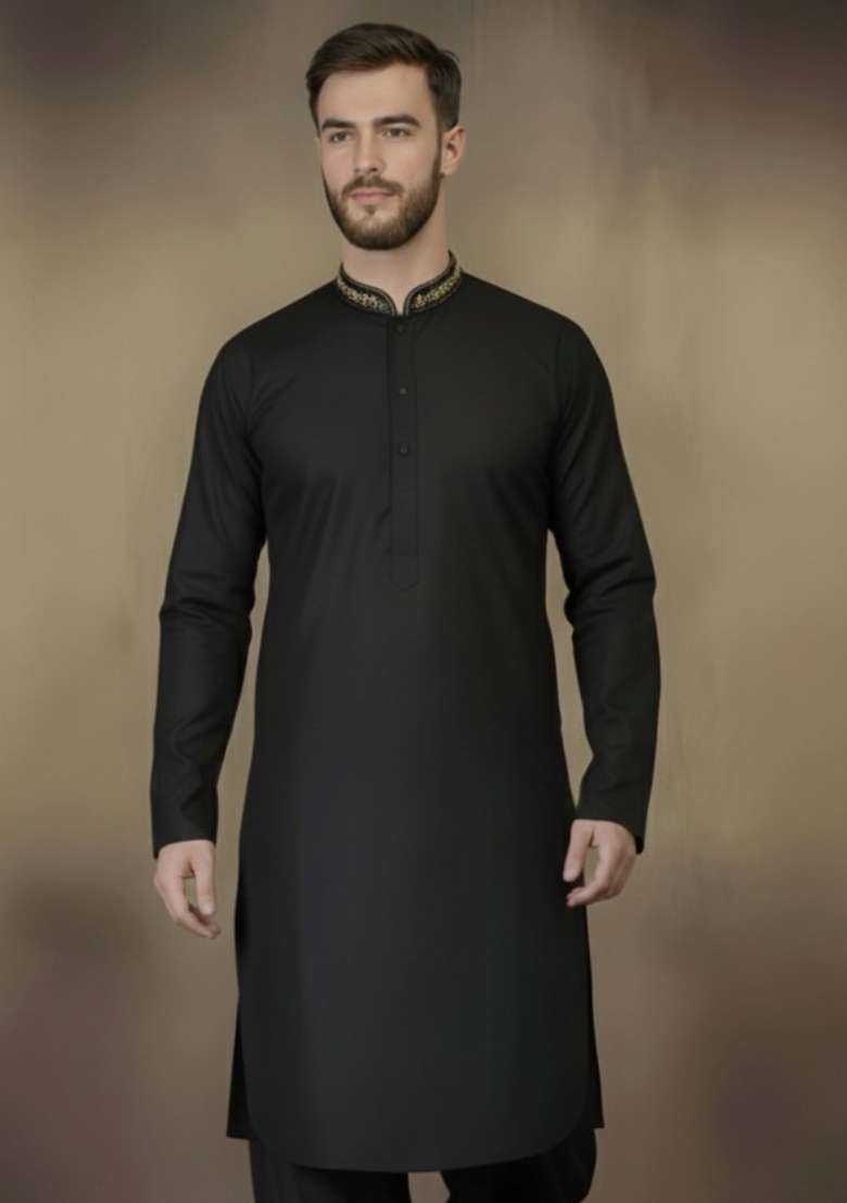 Black Embroidery Cotton Kurta For Men - Indya