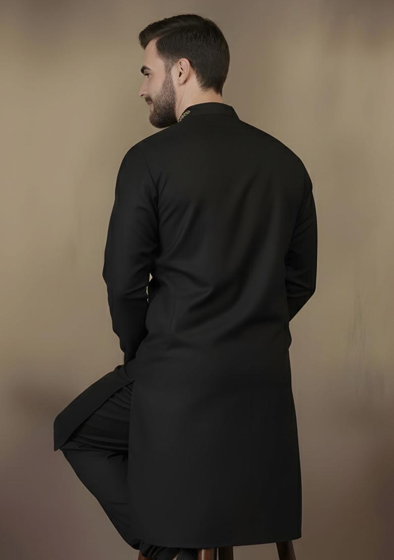 Black Embroidery Cotton Kurta For Men - Indya