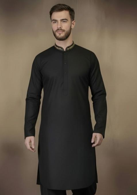 Black Embroidery Cotton Kurta For Men