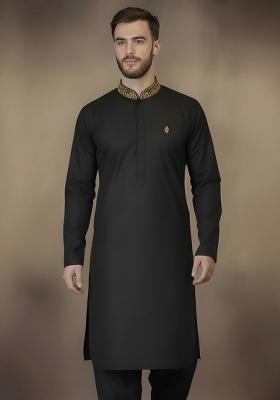 Black Embroidery Cotton Kurta For Men