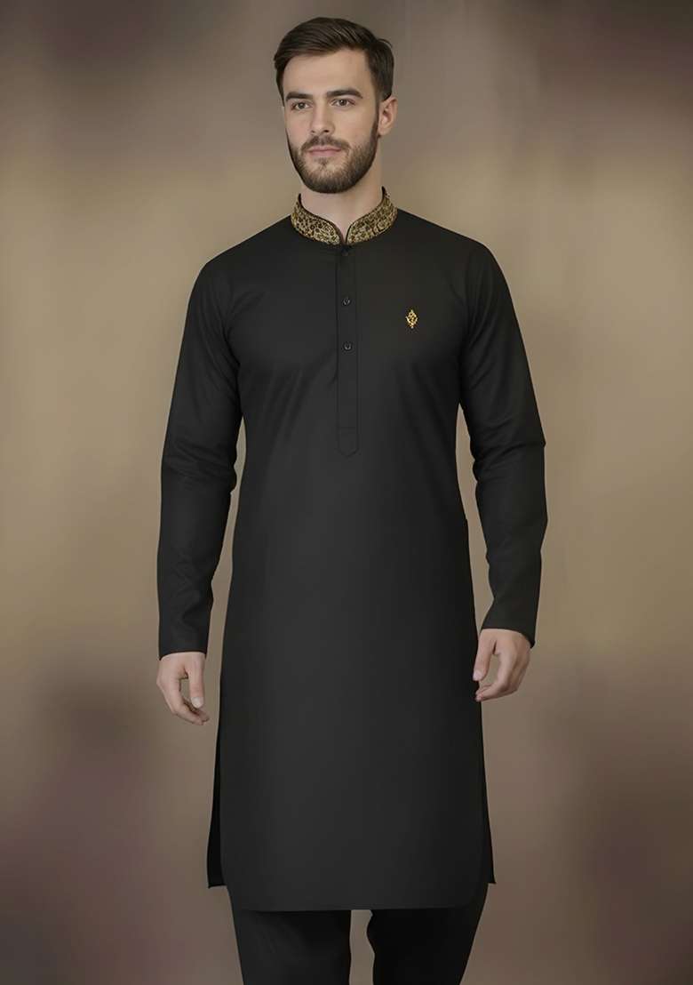 Black Embroidery Cotton Kurta For Men - Indya