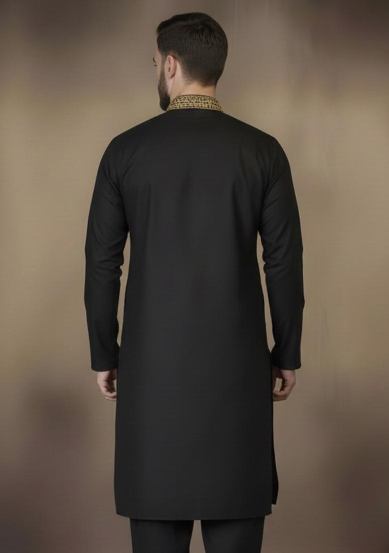 Black Embroidery Cotton Kurta For Men - Indya