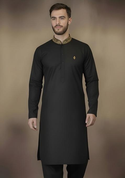 Black Embroidery Cotton Kurta For Men