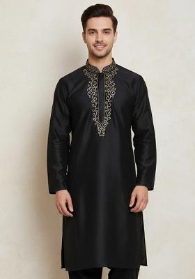 Black Embroidery Cotton Kurta For Men