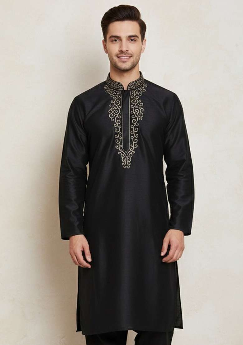 Black Embroidery Cotton Kurta For Men - Indya