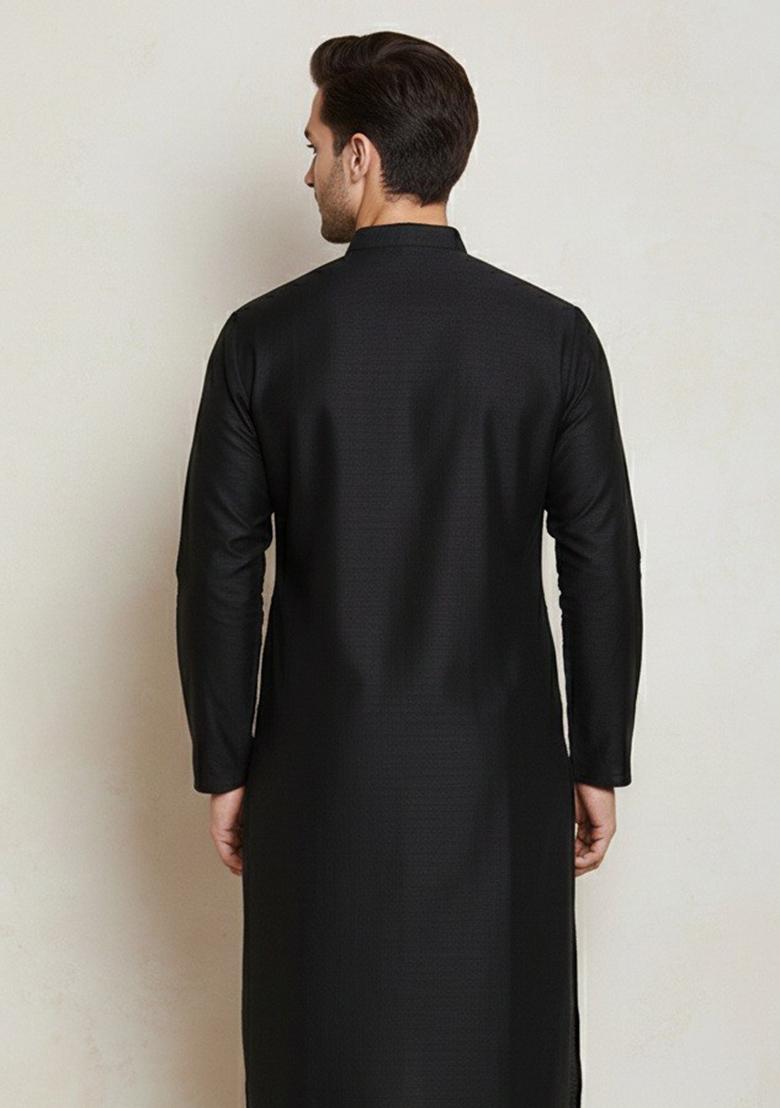 Black Embroidery Cotton Kurta For Men - Indya