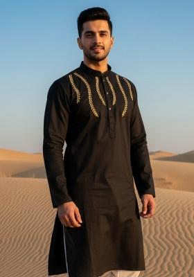 Black Embroidery Cotton Kurta For Men