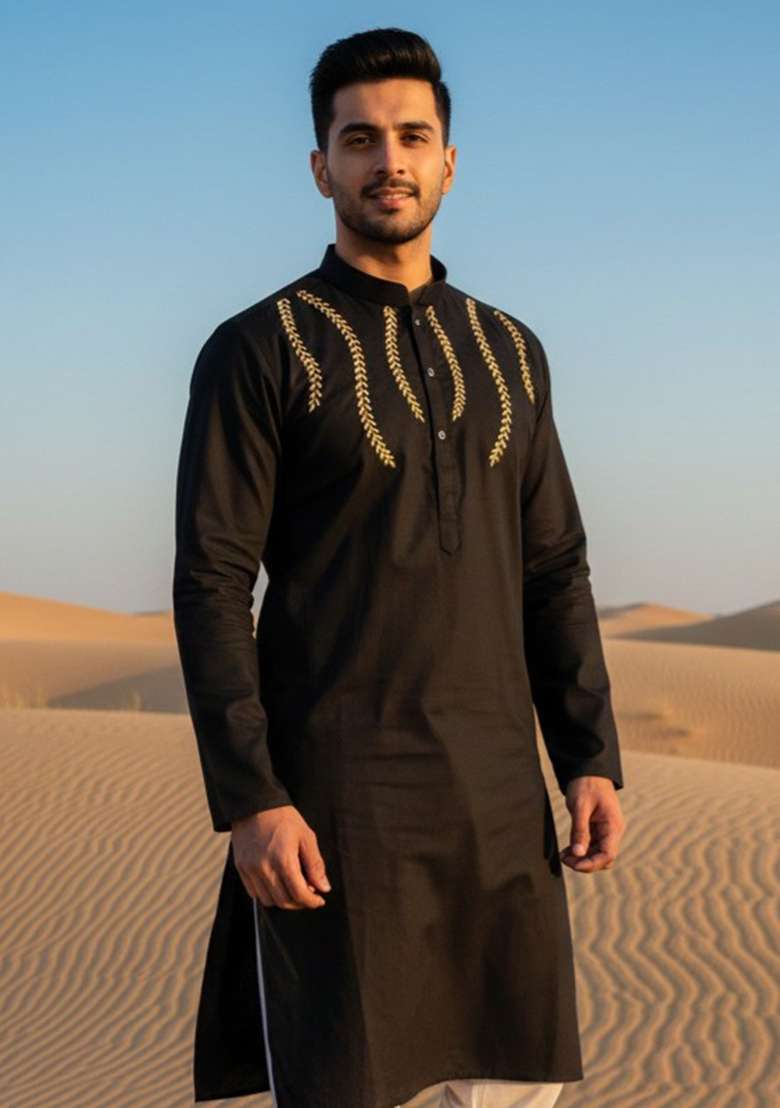 Black Embroidery Cotton Kurta For Men - Indya