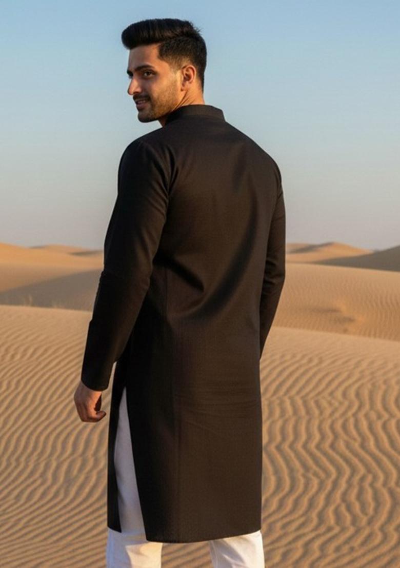 Black Embroidery Cotton Kurta For Men - Indya
