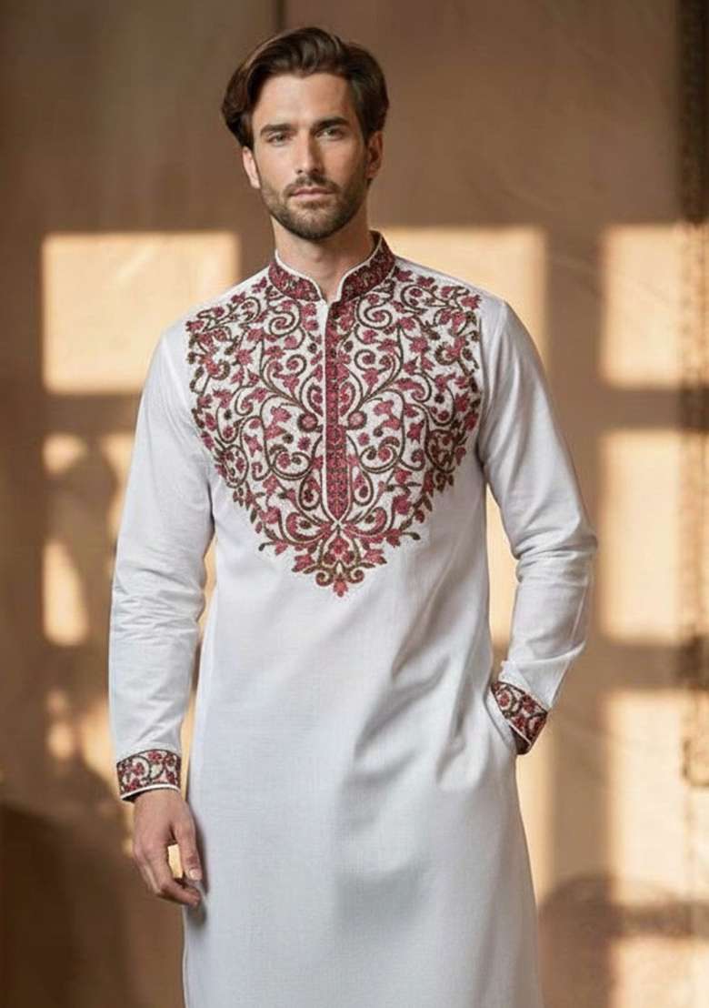 White Embroidery Cotton Kurta For Men - Indya