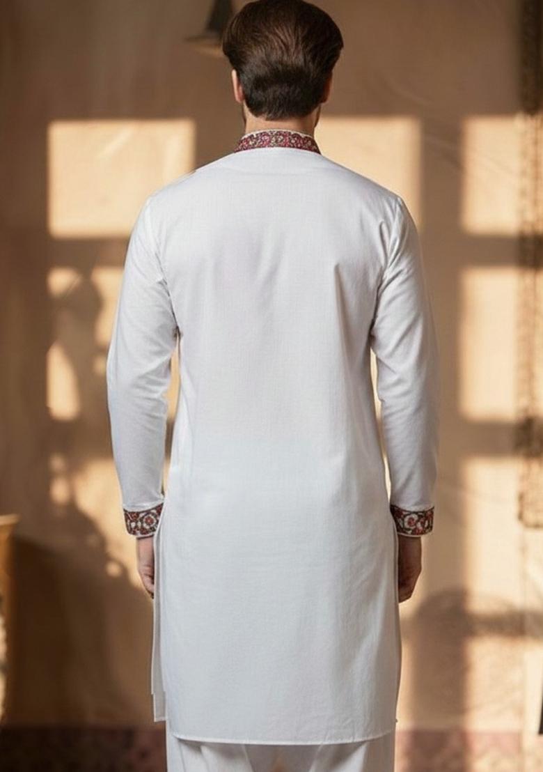 White Embroidery Cotton Kurta For Men - Indya