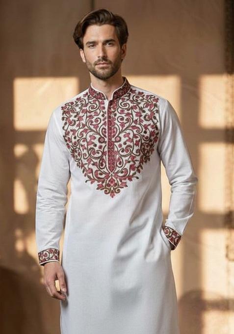 White Embroidery Cotton Kurta For Men