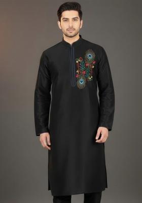 Black Embroidery Silk Kurta For Men