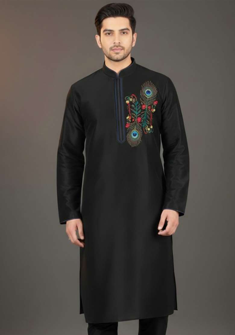 Black Embroidery Silk Blend Kurta For Men - Indya