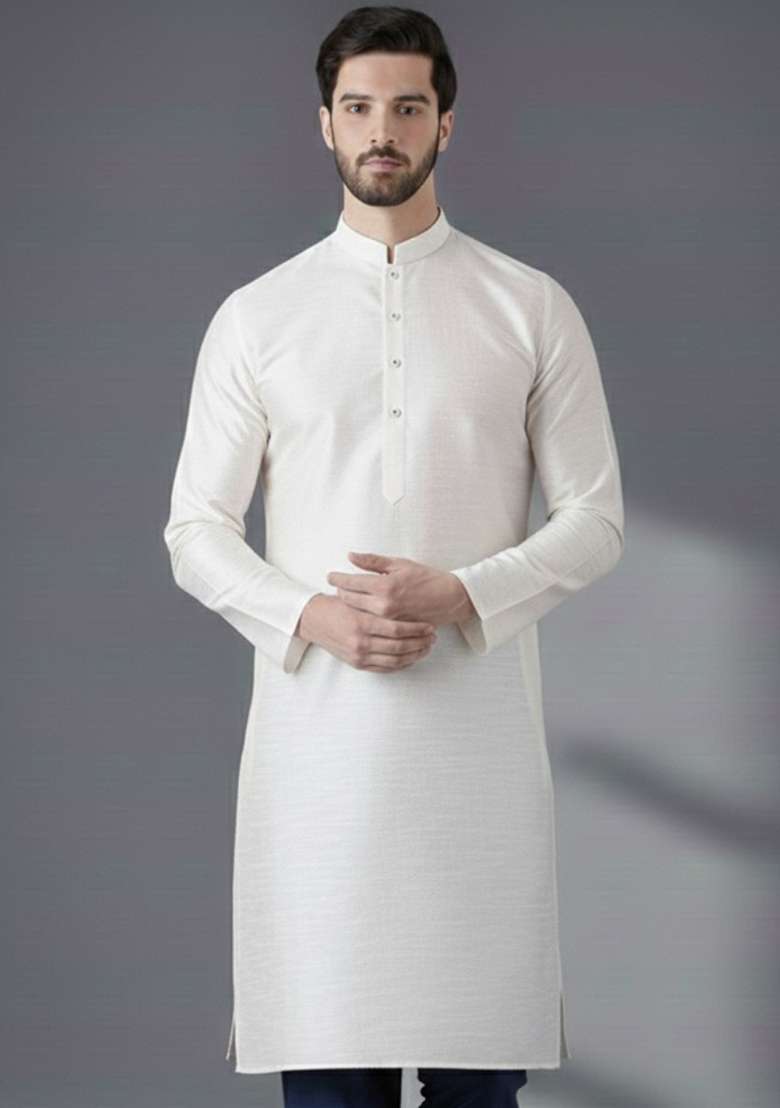 White Embroidery Silk Blend Kurta For Men - Indya